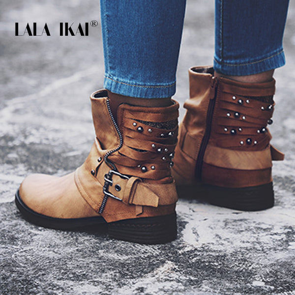 LALA IKAI Rivet Leather Ladies Ankle Boots Winter Velvet Round Toe Short Plush Zip Buckle Western Boots Motorcycle 014A2158 -4