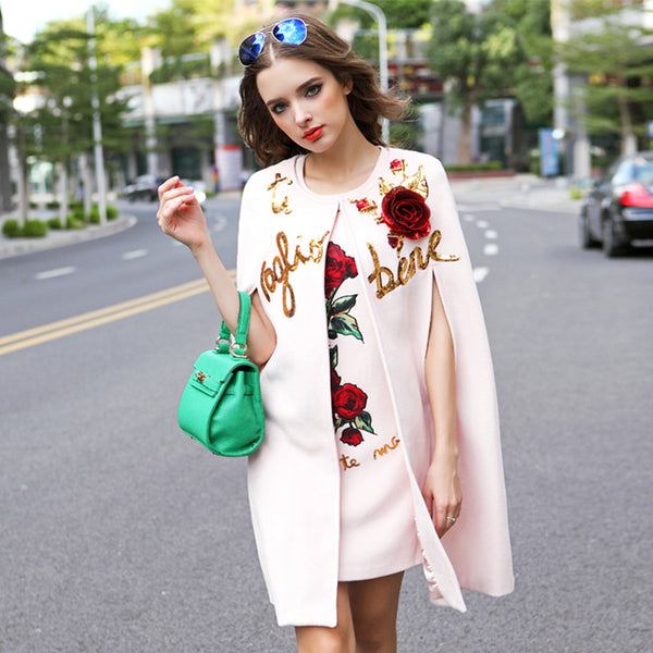 Winter Cloak Wool Coats Warm Elegant Rose Floral Flowers Appliques Sequin Cashmere Coat Outwear