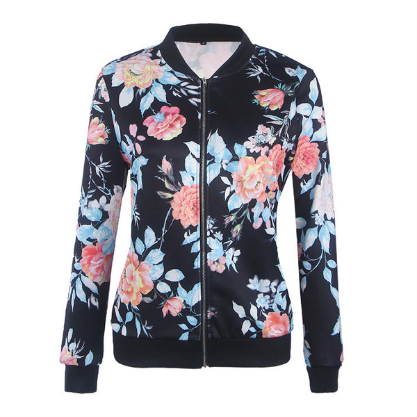 Floral Print Long Sleeve Bomber Jacket Women Spring Autumn Coat Female Vintage Zipper Ethnic Jacket Basic Coat 2017