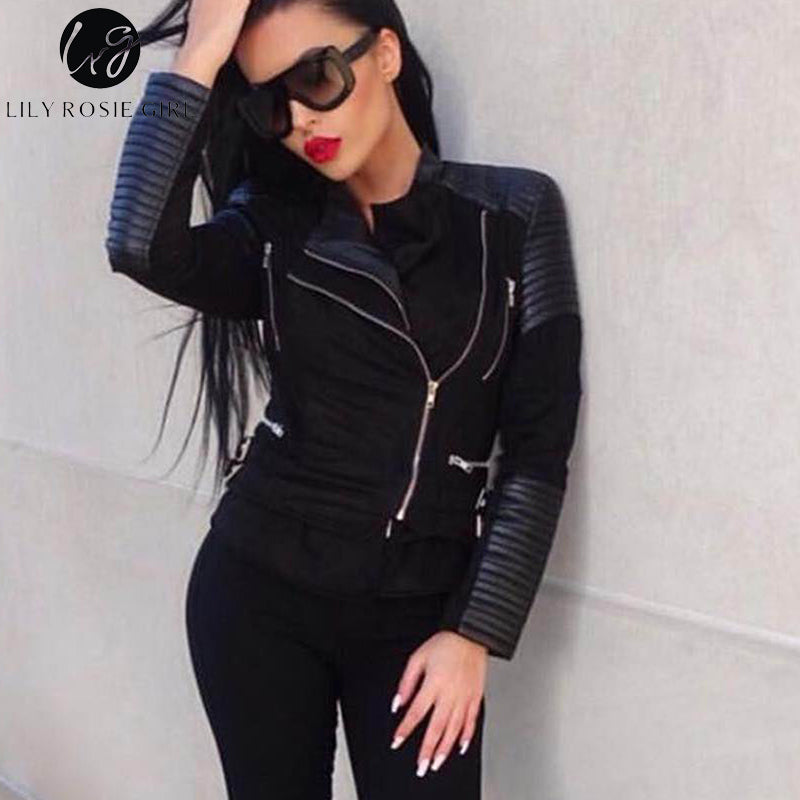 Gray Zipper Suede Faux Leather Jacket Women Autumn Winter Black Basic Jackets Casual Outwear Slim Coat 2017