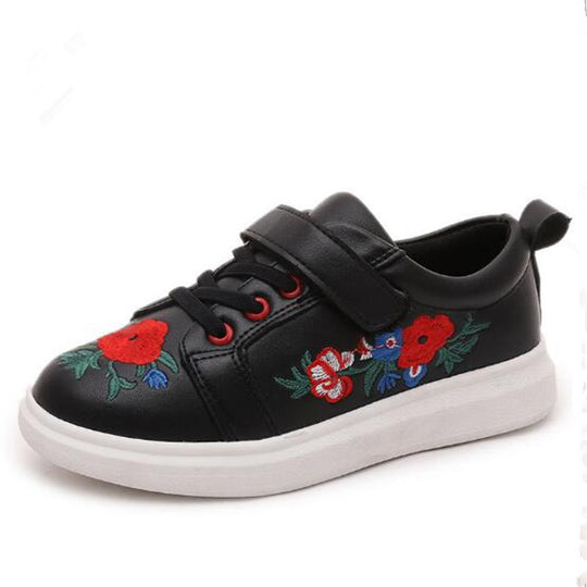 New Fall Children's White Sport Shoe Floral PU Leather Sneakers Embroidery Soft Non-slip Kids Leisure Shoes