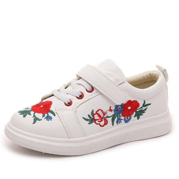 New Fall Children's White Sport Shoe Floral PU Leather Sneakers Embroidery Soft Non-slip Kids Leisure Shoes