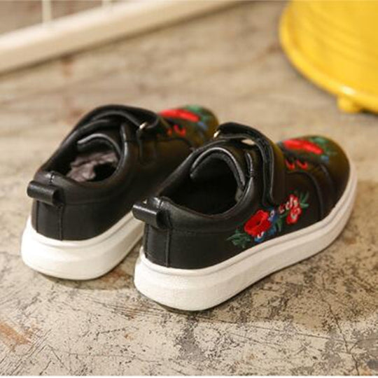 New Fall Children's White Sport Shoe Floral PU Leather Sneakers Embroidery Soft Non-slip Kids Leisure Shoes
