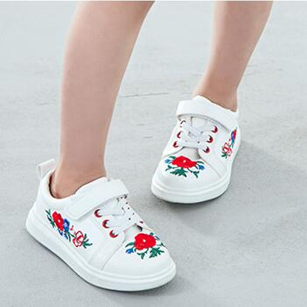 New Fall Children's White Sport Shoe Floral PU Leather Sneakers Embroidery Soft Non-slip Kids Leisure Shoes