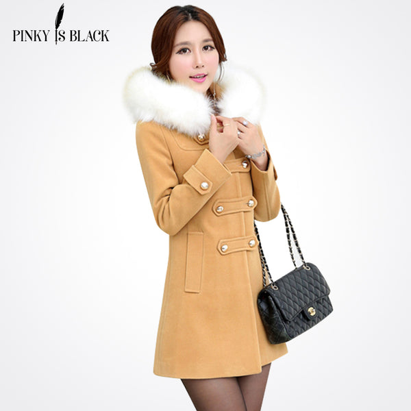 2017 autumn winter women woolen coat outerwear female medium-long trench sweet preppy fur collar casual jacket