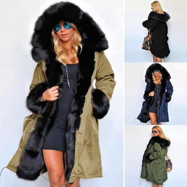 Winter Jacket Women Coat 2017 Fashion Faux Fur Hooded Collar Long Parka Waist Drawstring Pocket Women's Jacket Coats Plus Size