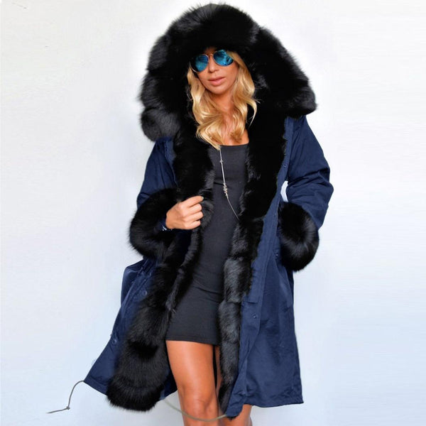 Winter Jacket Women Coat 2017 Fashion Faux Fur Hooded Collar Long Parka Waist Drawstring Pocket Women's Jacket Coats Plus Size