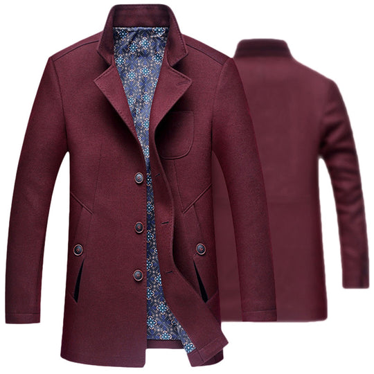 New Mens Overcoat Wol Black Navy Wine Red Long Length Turn-down Collar Wool Coat Men Slim Fit Fashion