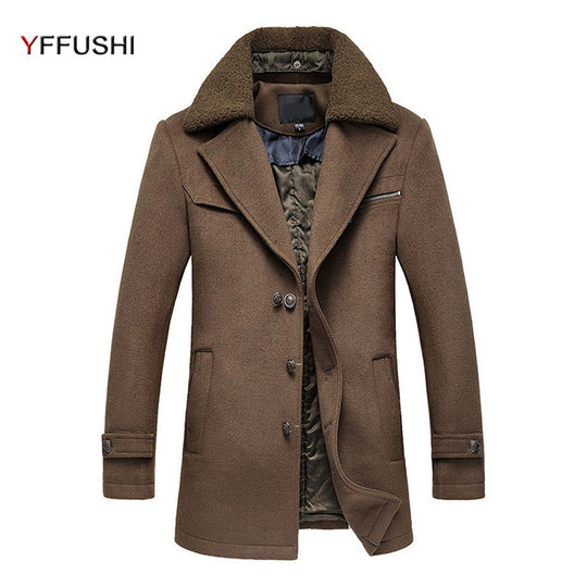 New Mens Overcoat Autumn Winter Wol Turn-down Collar Thick Wool Coat Men Removable Furry Collar Casual Style