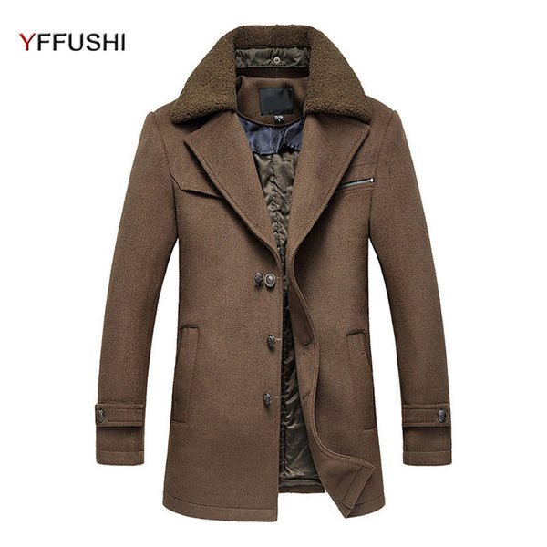 New Mens Overcoat Autumn Winter Wol Turn-down Collar Thick Wool Coat Men Removable Furry Collar Casual Style