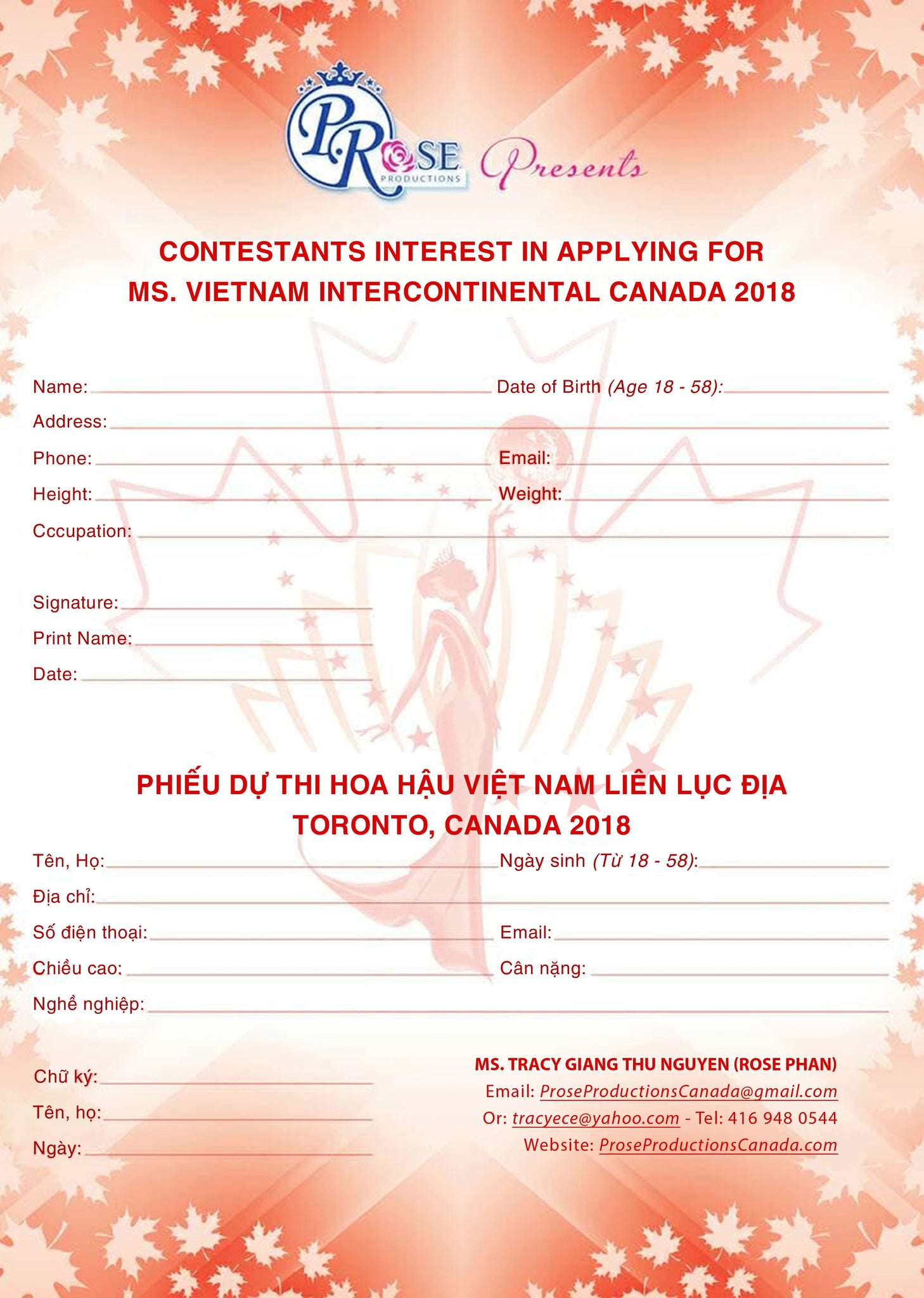 Ms. Vietnam intercontinental Canada 2018 ( Registration )